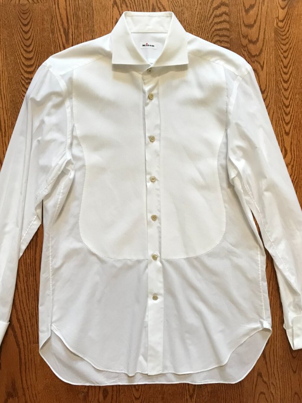Kiton Tuxedo Pique Bib Button Down Shirt Mens 40 16 White Cotton French Cuff View 4